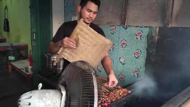 Lampung Indonesia April 2022 Man Who Works Satay Seller Grilling — Video