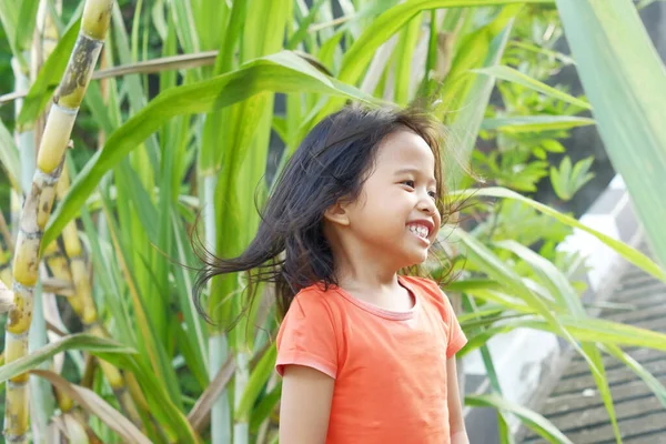 Happy Expression Indonesian Little Girl Loose Hair Sugar Cane Background — Stock Photo, Image