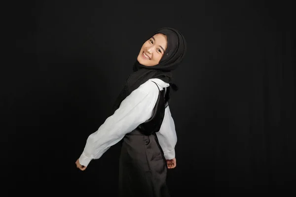 Happy Excited Asian Muslim Girl Black Shirt Black Background — ストック写真