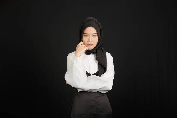 Happy Young Asian Muslim Woman Smiling Face Thinking Gesture Isolated — Foto Stock