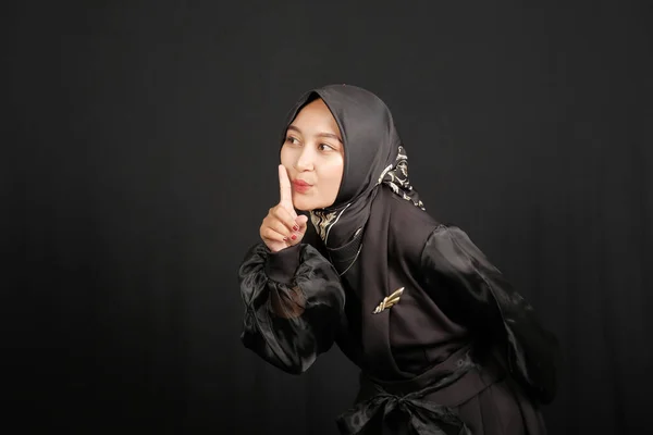 Happy Excited Asian Muslim Girl Black Shirt Black Background — Stok Foto