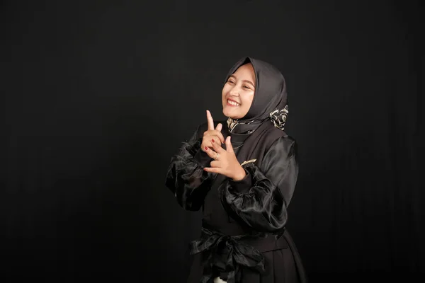 Happy Excited Asian Muslim Girl Black Shirt Black Background — Fotografia de Stock
