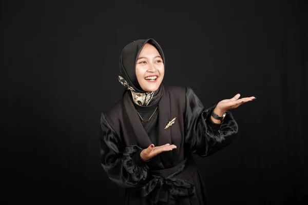 Happy Excited Asian Muslim Girl Black Shirt Black Background — Stok Foto