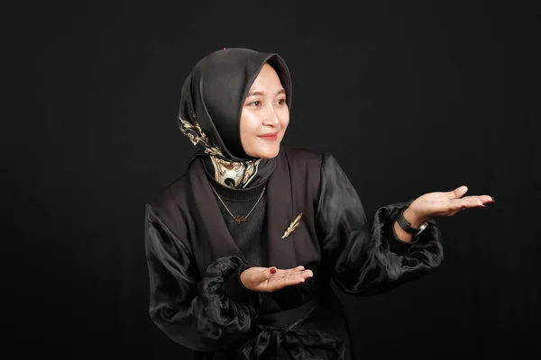 Happy Excited Asian Muslim Girl Black Shirt Black Background — Stok Foto