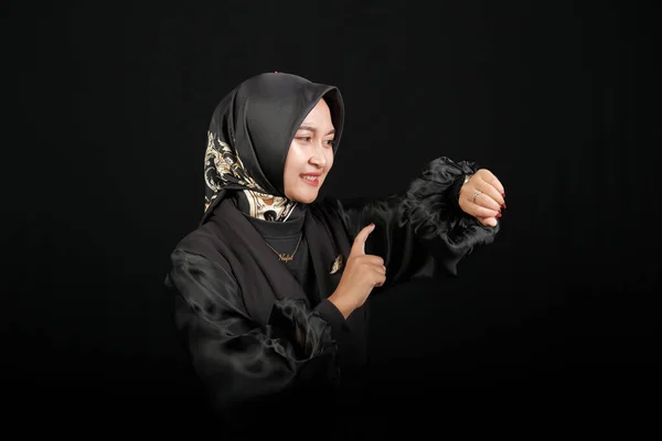 Happy Asian Muslim Woman Black Dress Wearing Glasses Looking Her — Fotografia de Stock