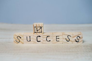 Wooden cube with the text SUCCESS, The word is written on a wooden cube standing on a textured surface.