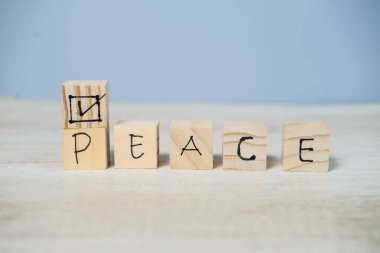 Wooden cube with the text PEACE, The word is written on a wooden cube standing on a blurry background