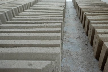 İnşaat alanında ya da sanayi bölgesinde yeni yapılmış tuğlalar. Yeni yapılmış tuğlalar önce kurutulur ve sonra düzenlenir.