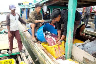 Lampung, Endonezya, 07 Ekim 2022: Endonezyalı erkekler Lampung, Endonezya 'da bir balıkçı teknesinde balık sepetini ayırıyorlar..