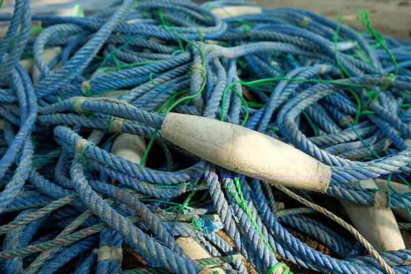 Vista Detalhada Fundo Cordas Rede Pesca Usadas Bóias — Fotografia de Stock