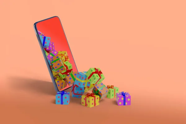 Scatole Regalo Che Scendono Dallo Schermo Telefono Cellulare Concetto Natalizio — Foto Stock