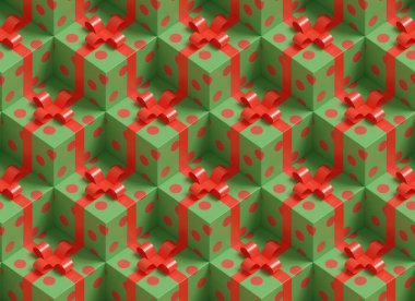 Noel arkaplanı. Isometric pürüzsüz yeşil desen kırmızı hediye kutuları. 3d illüstrasyon.