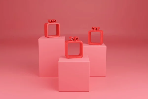 红色豆荚上的抽象礼品盒 圣诞节的概念3D说明 — 图库照片