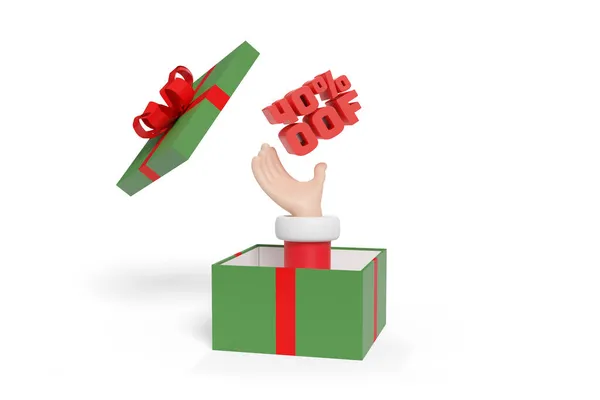 Cartoon Santa Claus Hand Kommt Aus Einer Geschenkbox Mit Prozent — Stockfoto