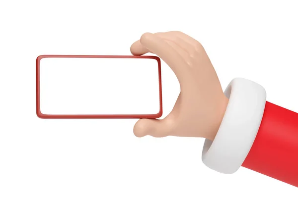 圣诞老人卡通人物手拿着一个带有空白屏幕的手机 圣诞节的概念3D说明 — 图库照片