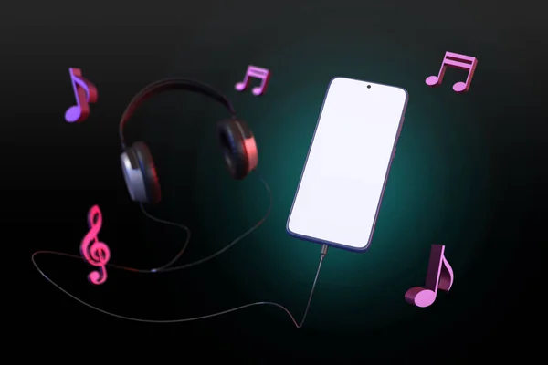 暗い背景に隔離された空白の画面 マイクとヘッドフォンを持つ携帯電話 音楽の概念 3Dイラスト — ストック写真