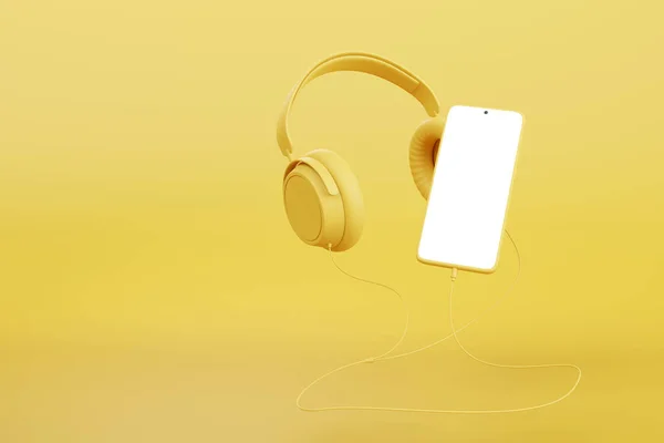 黄色の背景に隔離された空白の画面とヘッドフォンを持つ携帯電話 ポッドキャストのコンセプト 3Dイラスト — ストック写真