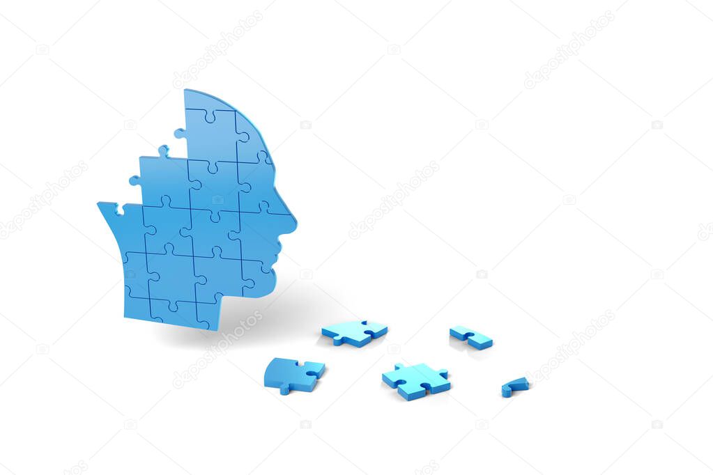 Human head with puzzle pieces. Alzheimer , dementia and mental health concept. 3d illustration.