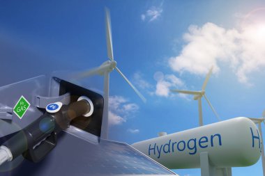 Araba hidrojen ve hidrojen üreten fabrikayı dolduruyor. Çifte maruziyet. Sürdürülebilir ve ekolojik enerji kavramı. 3d illüstrasyon.