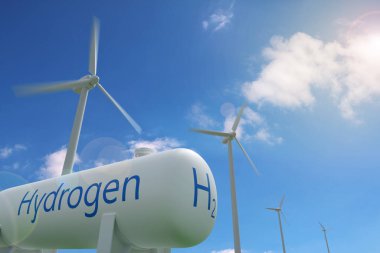 Mavi arka planda hidrojen tankı ve yel değirmenleri. Sürdürülebilir ve ekolojik enerji kavramı. 3d illüstrasyon.