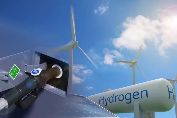 Araba hidrojen ve hidrojen üreten fabrikayı dolduruyor. Çifte maruziyet. Sürdürülebilir ve ekolojik enerji kavramı. 3d illüstrasyon.