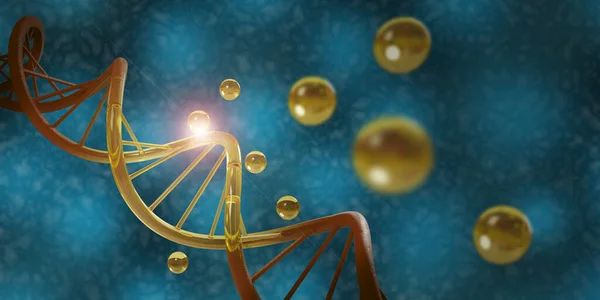 DNA ipliğinde altın yağ damlaları. Kozmetik tedavi konsepti. 3d illüstrasyon.