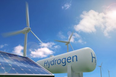 Hidrojen tankı, güneş paneli ve mavi gökyüzü arka planında yel değirmenleri. Sürdürülebilir ve ekolojik enerji kavramı. 3d illüstrasyon.