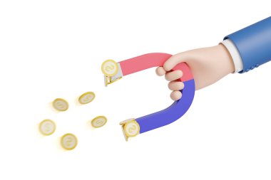 Beyaz arka planda izole edilmiş mıknatısla para çeken bir iş adamı. 3d illüstrasyon.