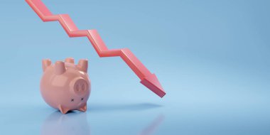 Düşen bir grafiğin yanında ölü domuz kumbarası ters dönmüş. İflas kavramı. 3d illüstrasyon.