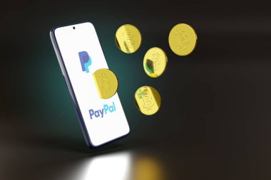 Buenos Aires, Arjantin - 4 Aralık 2021 Paypal logosu ve ekrandan çıkan bitcoin 'li cep telefonu. 3d illüstrasyon.