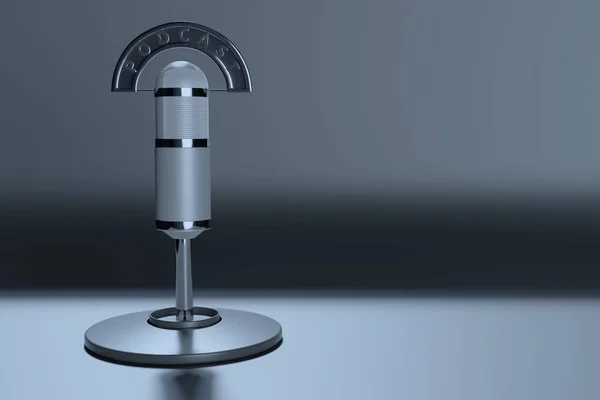 Microfone Condensador Com Sinal Podcast Fundo Escuro Com Espaço Cópia — Fotografia de Stock