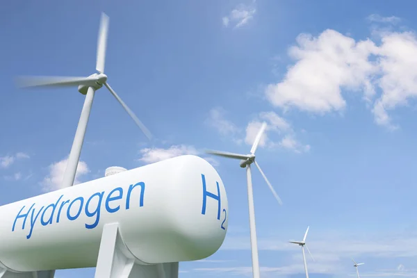 Mavi arka planda hidrojen tankı ve yel değirmenleri. Sürdürülebilir ve ekolojik enerji kavramı. 3d illüstrasyon.