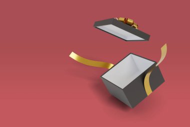 Altın kurdeleli ve fiyonklu siyah hediye kutusu. 3d illüstrasyon.