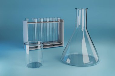 Kimya laboratuarı cam eşyalar. 3d illüstrasyon.