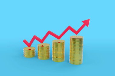 Mavi arka planda izole edilmiş bozuk para yığınları olan büyüme çubuğu çizelgesi. 3B illüstrasyon.