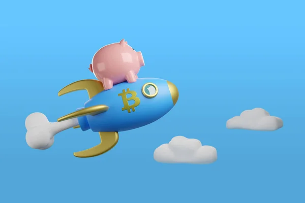 Sparschwein Auf Raumschiff Mit Bitcoin Zeichen Illustration — Stockfoto