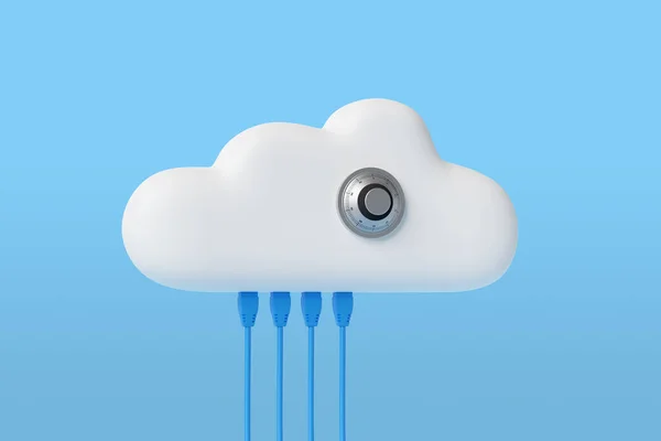 ネットワークケーブルとセキュリティロックが接続された漫画の雲 セキュリティの概念 3Dイラスト — ストック写真