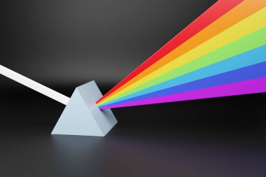Bir prizmaya çarpan ve renk spektrumuna dağılan ışığın soyut temsili. 3d illüstrasyon.