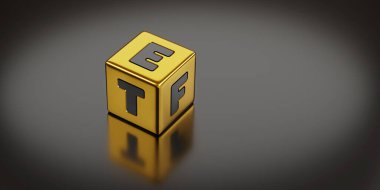 Koyu arkaplanda ETF kelimesi olan altın zarlar. 3d illüstrasyon.