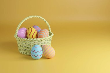 Fotokopi alanı olan bir sepette paskalya yumurtası. 3d illüstrasyon.