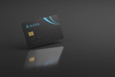 Koyu arkaplanda fotokopi alanı olan kredi kartını kapat. 3d illüstrasyon.