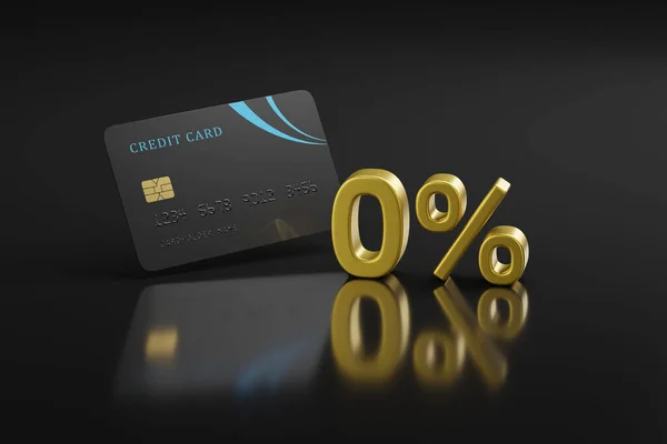 Kredi kartını ve% 0 'lık sağlam metni kapat. Finansman konsepti. 3d illüstrasyon.