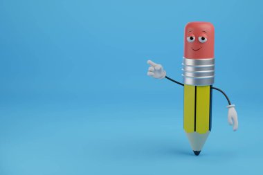 Kopya alanı olan kalem çizgi film karakteri. 3d illüstrasyon.