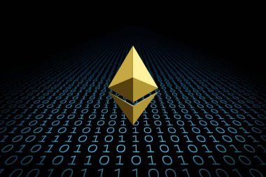 Altın Ethereum sembolü ikili kodlarla çevrili. 3d illüstrasyon.