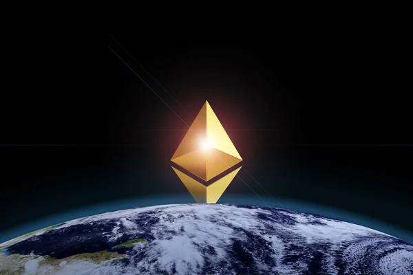 Ethereum Symbool Stijgt Achter Planeet Aarde Illustratie — Stockfoto