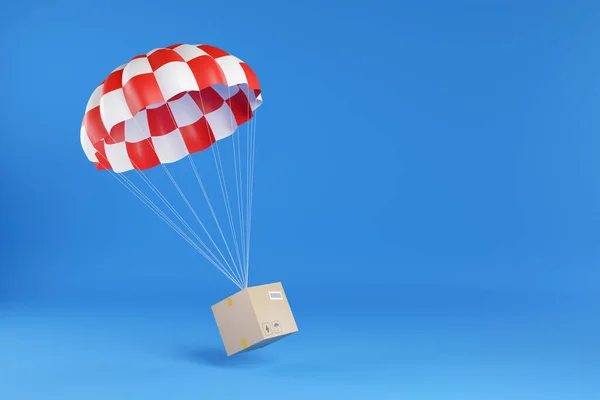 Caixa Papelão Descendo Por Paraquedas Isoladas Fundo Azul Conceito Envio — Fotografia de Stock