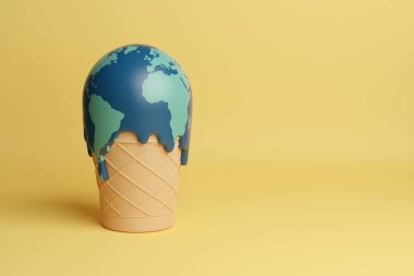 Dondurma, fotokopi uzayı ile Dünya şeklinde eriyor. Küresel ısınma kavramı. 3d illüstrasyon.
