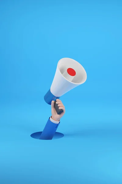 Hand Holding Megaphone Comes Out Hole Isolated Blue Background Illustration — 스톡 사진