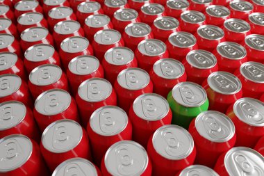 A green soda can among other red cans. 3d illustration.
