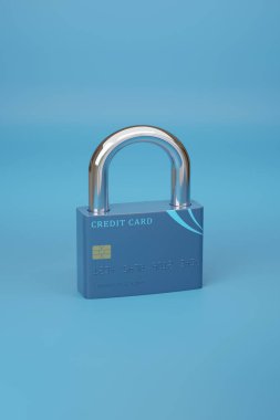 Kredi kartı kapalı asma kilit şeklinde. Güvenlik kavramı. 3d illüstrasyon.